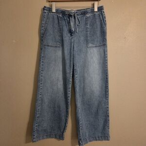 OAT NEW YORK Wide Leg Drawstring Patch Pocket Cropped Cloud Lux Denim Jeans SZ 8